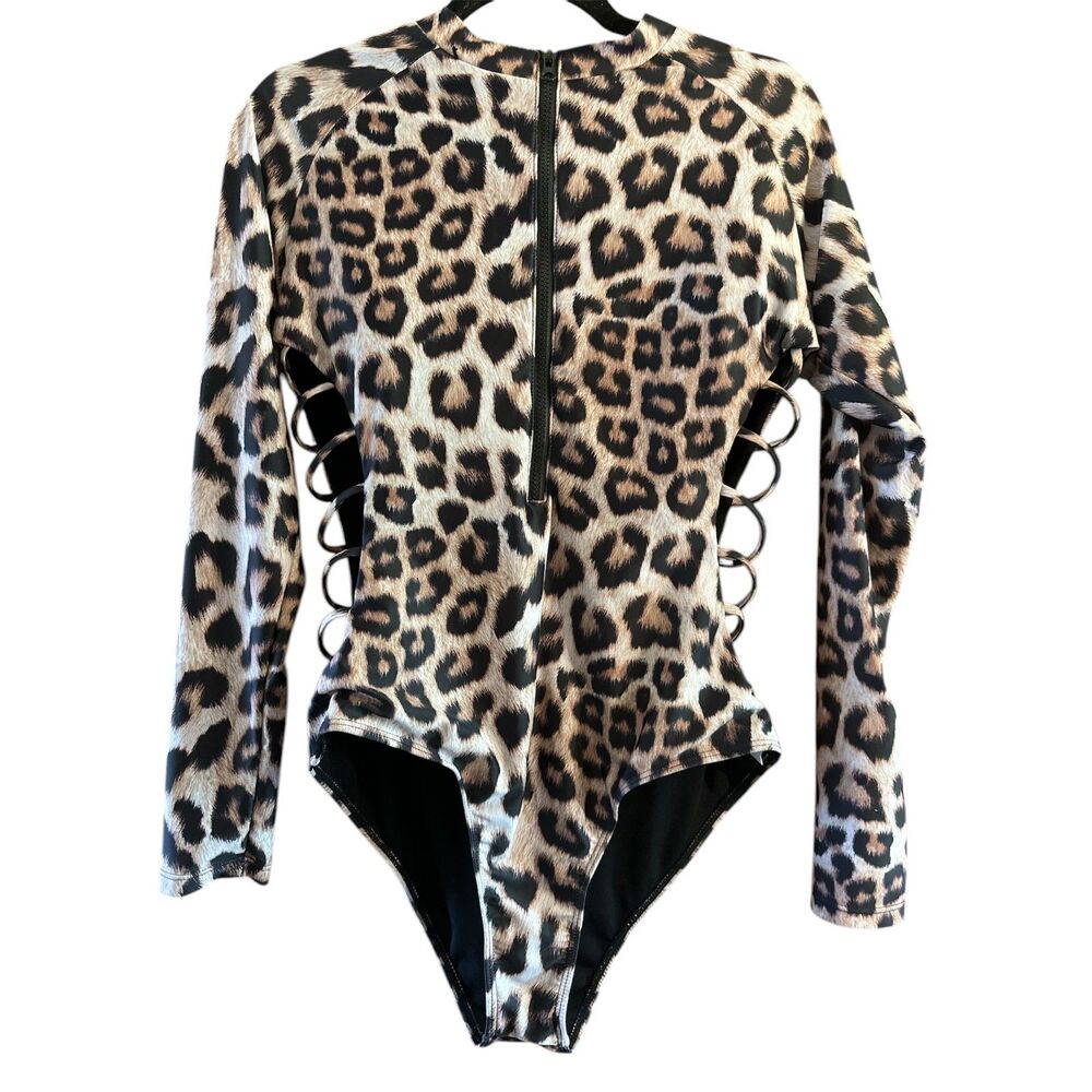 Unbranded Women's Long Sleeve Rash Guard Zipper Up Leopard One Piece Swimsuit L